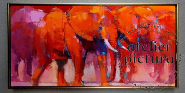 Elefanti. Tablou abstract pictat manual, Tablou modern decorativ