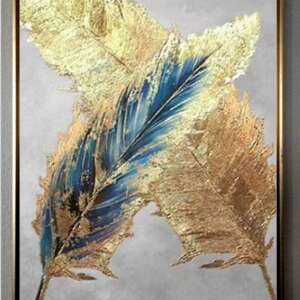 Pene pasari exotice, Tablou abstract pictat manual Pictura in cutit cu foita de aur