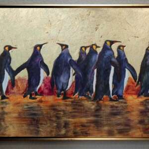 Pinguini. Tablou abstract pictat manual, Tablou decorativ cu animale salbatice