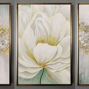 Set 3 tablouri, Floare alba, Tablou pictat manual, Tablou in cutit cu foita de aur