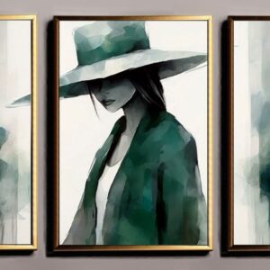 Set 3 tablouri abstracte, Silueta femeie cu palarie, tablou abstract verde pictat manual