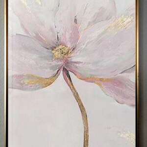 Tablou abstract pictat manual, Floare alba cu foita de aur
