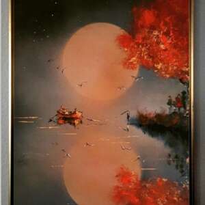 Tablou abstract pictat manual, Peisaj Nocturn, Luna plina