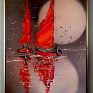 Tablou abstract pictat manual, Peisaj maritim nocturn cu 2 veliere rosii