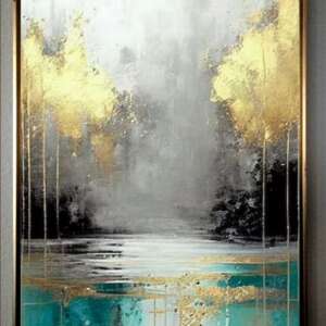 Tablou abstract pictat manual, Peisaj padure, Copaci cu foita de aur