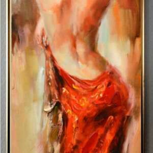 Tablou abstract pictat manual, Silueta de femeie nud cu rochie rosie