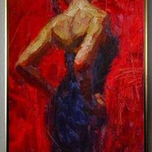 Tablou abstract pictat manual, Silueta femeie in rochie albastra, Tablou ulei pe panza