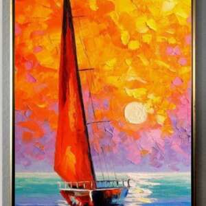 Tablou peisaj marin, abstract pictat manual, tablou barca cu panze