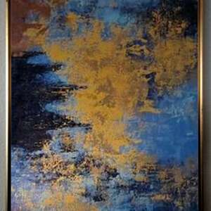 Valuri de albastru și aur, Tablou abstract pictat manual Pictura in cutit