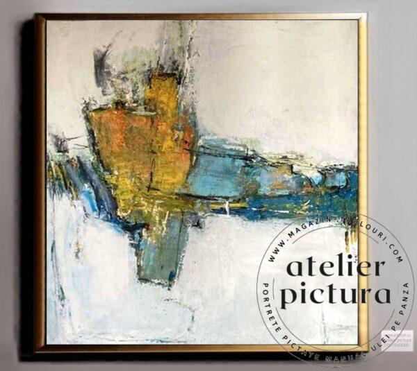 Miazăzi, Tablou abstract pictat manual ulei pe panza, foita de aur, peisaj abstract modern