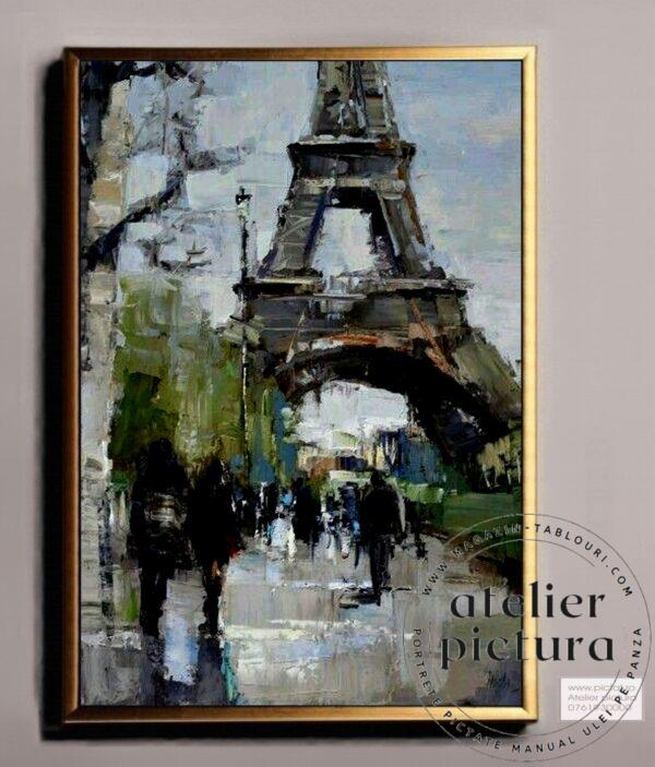 Peisaj parisian, Turnul Eiffel, Tablou abstract pictat manual ulei pe panza