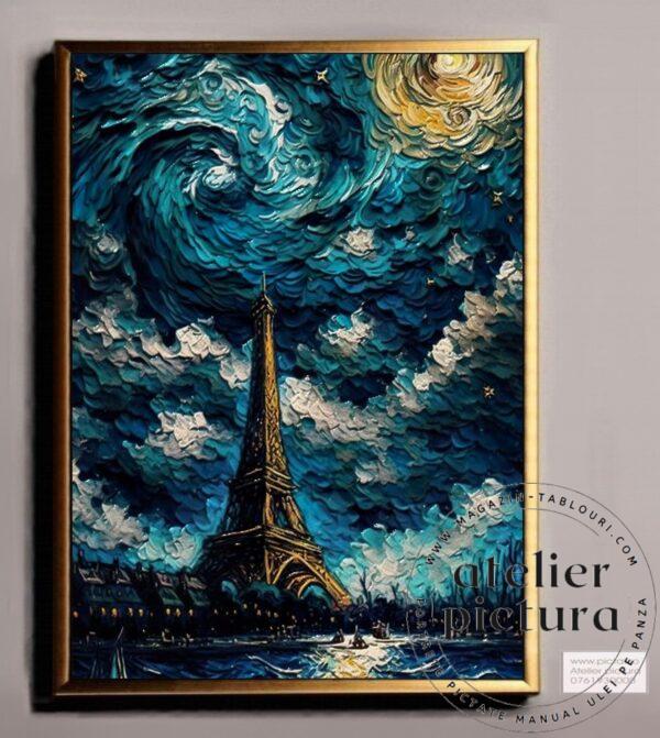 Peisaj turnul Eiffel, Furtuna peste oras, Tablou pictat ulei pe panza, Pictura in cutit