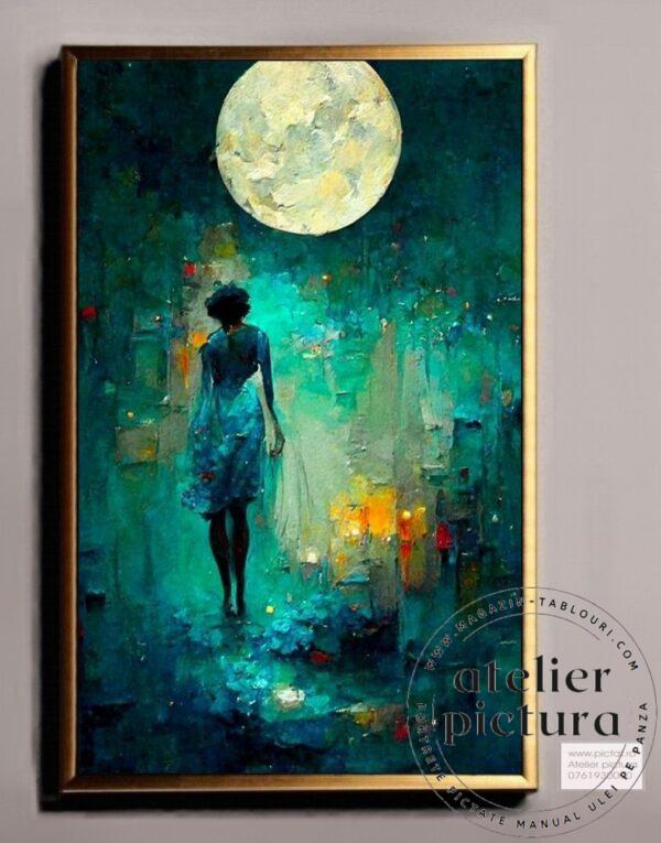 Silueta femeie in noapte, Tablou pictat manual ulei pe panza in cutit, Luna plina