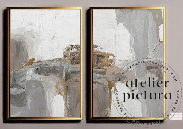 Tablou abstract gri alb auriu, Design interior minimalist, Set tablouri abstracte