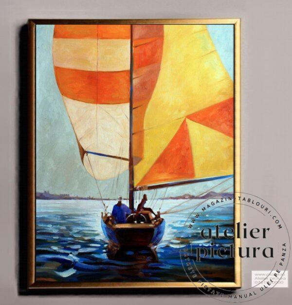Tablou barca, Tablou abstract Barca cu Vele la apus de soare, peisaj maritim cu velier