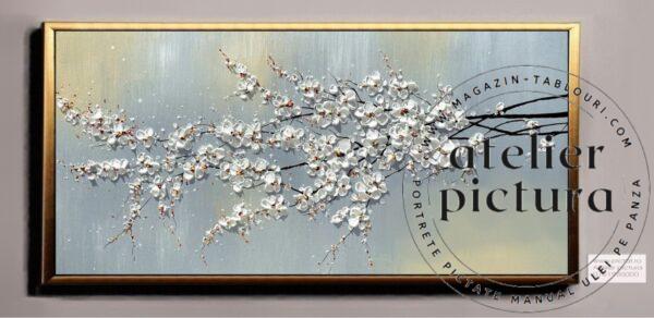 Tablou ramura cu flori albe, Tablouri moderne living, tablou abstract floral pictat manual