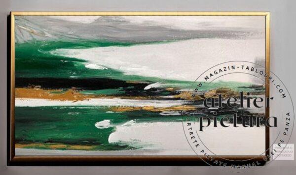 Tablou abstract pictat manual ulei pe panza, Peisaj abstract, Verde alb auriu