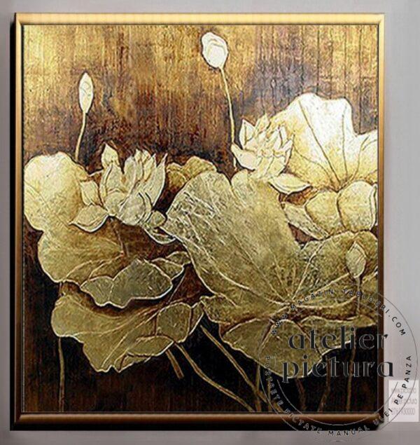 Tablou pictat manual ulei pe panza, Flori si frunze tropicale, Tablou abstract textura impasto, Foita de aur