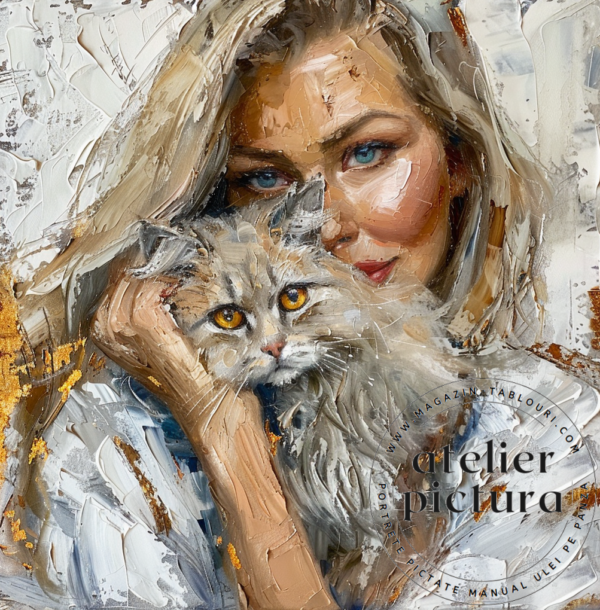 Portrete la comanda pictate ulei pe panza, tablou abstract portret femeie cu pisica
